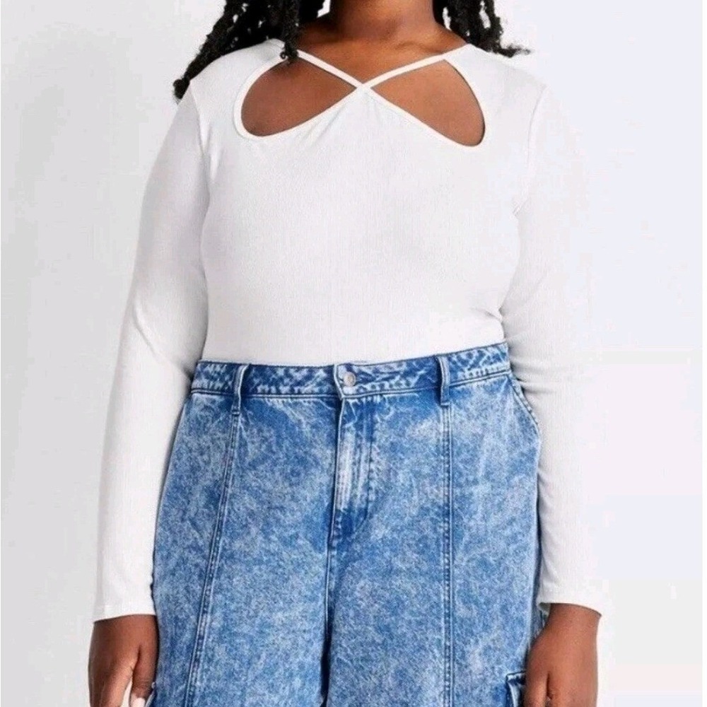 Future Collective White Cutout Ribbed Long Sleeve Bodysuit 1X NEW